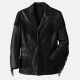 Handmade Mens Western Jacket, Vintage Cowboy Leather Fringe Coat in Classic Black Cowboy Style