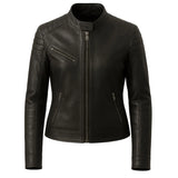 Handmade Women’s Black Leather Motorcycle Jacket – Slim Fit Biker, Classic Cafe Racer Moto Jacket