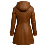 Women’s Distressed Hooded Leather Long Coat – Handmade Vintage Trench, Classic Retro Outerwear