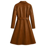 Women’s Belted Leather Coat Handmade Long Trench Classic Button-Up Winter Jacket