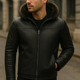 Men’s Handmade Leather Jacket with Fur Hood – Genuine Warm Lined Winter Coat