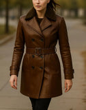 Women’s Leather Trench Coat Double Breasted Long Coat Handmade Belted Winter Jacket