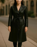 Women’s Long Leather Coat Handmade Belted Winter Trench Classic Full-Length Jacket