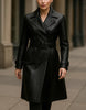Women’s Black Leather Trench Coat Handmade Belted Long Coat Double Breasted Winter Jacket