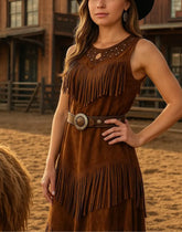 Women’s Western Suede Fringe Dress Cowgirl Style Sleeveless Brown Dress, Vintage Rodeo Outfit
