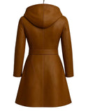 Womens Brown Genuine Leather Trench Coat: Hooded Winter Outerwear