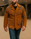 Men’s Western Fringe Jacket Cowboy Suede Leather Coat Beaded Native Style Outfit
