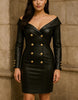 Handmade Black Leather Off-Shoulder Mini Dress: Gold Button Bodycon
