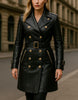 Handmade Black Leather Trench Coat: Gold Buttons, Belted Waist