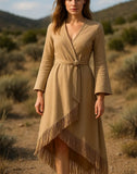 Handmade Fringe Wrap Dress: Western Boho Leather-Look Wool Blend