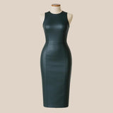 Handmade Black Leather Midi Dress: Sleeveless Bodycon Cocktail Outfit