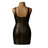 Handmade Brown Leather Bodycon Mini Dress: Belted Sleeveless Clubwear