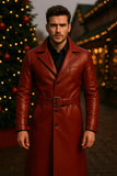 Handmade Red Leather Trench Coat Genuine Vintage Style Christmas Gift