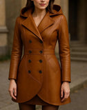Womens Brown Genuine Leather Trench Coat: Hooded Winter Outerwear