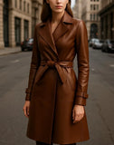 Women’s Brown Long Leather Trench Coat Handmade Genuine Leather Winter Overcoat, Vintage Belted Jacket