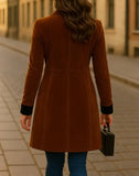 Women’s Brown Suede Trench Coat Elegant Long Overcoat with Black Lapel & Double Breasted Buttons