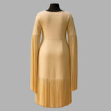 Handmade Women’s Native Style Fringe Dress Beige Western Midi Dress with Beaded Design