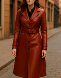 Handmade Red Leather Trench Coat: Full Length Genuine Leather Belted Jacket