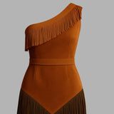 Handmade Suede Fringe Dress: One Shoulder Western Cowgirl Outfit