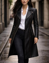 Women's Black Leather Trench Coat – Long Genuine Leather Jacket with Tailored Fit