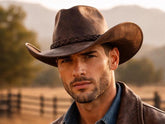 Classic Brown Leather Cowboy Hat for Men – Western Wide Brim Hat with Braided Band