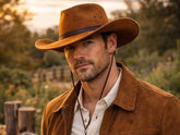 Brown Leather Cowboy Hat with Chin Strap – Western Wide Brim Outdoor Hat for Men