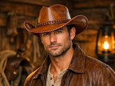Classic Brown Leather Cowboy Hat for Men Premium Western Wide Brim Hat with Braided Detail