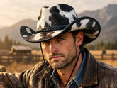 Black & White Cowhide Cowboy Hat for Men Western Leather Hat with Chin Strap & Wide Brim