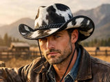Black & White Cowhide Cowboy Hat for Men Western Leather Hat with Chin Strap & Wide Brim