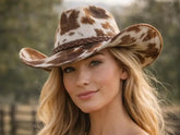 Cow Print Western Cowboy Hat for Women Premium Suede Leather Cowgirl Hat with Wide Brim