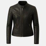 Handmade Women’s Black Leather Motorcycle Jacket – Slim Fit Biker, Classic Cafe Racer Moto Jacket
