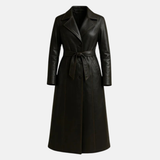 Women’s Long Leather Coat Handmade Belted Winter Trench Classic Full-Length Jacket