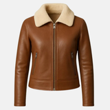 Ladies Aviator Style Leather Jacket – Cognac Brown Real Leather Flight Coat