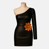 Women’s Black Leather One-Shoulder Mini Dress Handmade Floral Bodycon Party Outfit, Genuine Leather Clubwear