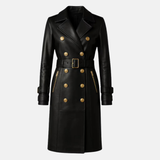 Handmade Black Leather Trench Coat: Gold Buttons, Belted Waist