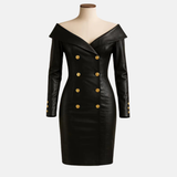 Handmade Black Leather Off-Shoulder Mini Dress: Gold Button Bodycon
