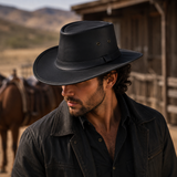 Premium Black Leather Outback Hat for Men Wide Brim Western Cowboy Hat