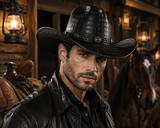 Black Crocodile Embossed Leather Cowboy Hat Premium Western Hat with Concho Band for Men