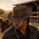 Vintage Distressed Brown Cowboy Hat – Genuine Leather Western Outback Hat for Men