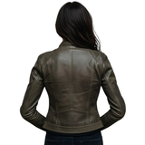 Women’s Genuine Lambskin Leather Jacket Dark Olive Moto Style Biker Jacket