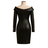 Handmade Black Leather Off-Shoulder Mini Dress: Gold Button Bodycon