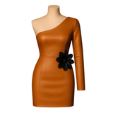 Women’s Black Leather One-Shoulder Mini Dress Handmade Floral Bodycon Party Outfit, Genuine Leather Clubwear