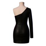 Women’s Black Leather One-Shoulder Mini Dress Handmade Floral Bodycon Party Outfit, Genuine Leather Clubwear