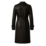 Handmade Black Leather Trench Coat: Gold Buttons, Belted Waist