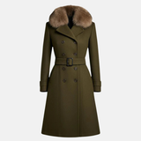 Handmade Wool Trench Coat: Olive Green, Fur Collar, Belted Winter Overcoat