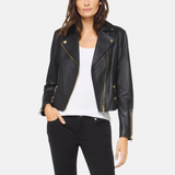 Black Lambskin Leather Biker Jacket: Gold Hardware, Racer Style