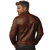 Men's Brown Distressed Sheepskin Leather Cafe Racer Motorcycle Jacket