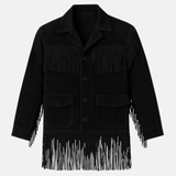 Men’s Black Western Fringe Jacket Handmade Suede Leather Cowboy Coat Vintage Rodeo Style