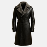 Handmade Black Leather Trench Coat: Men's Vintage Fur Collar Winter Jacket