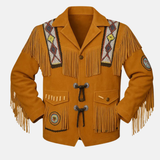 Men’s Western Suede Fringe Jacket Handmade Cowboy Leather Coat Beaded Native Style